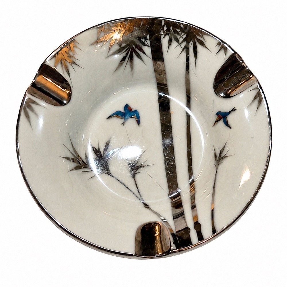 Vintage Kutani Japanese Porcelain Ashtray Silver Bamboo Blue Bird